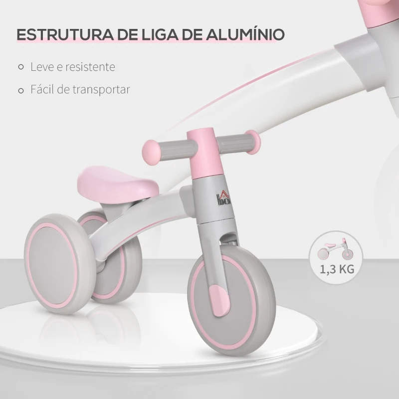 HOMCOM Bicicleta sem Pedais para Crianças de 1-3 Anos Bicicleta de Equilíbrio com 3 Rodas Silenciosas Carro Andador de Bebé 60x24x37cm Rosa
