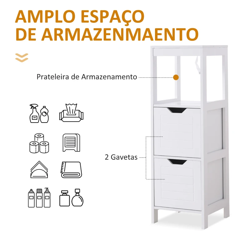 Kleankin Armário de banheiro com prateleira aberta 2 gavetas 30x30x89 cm Branco