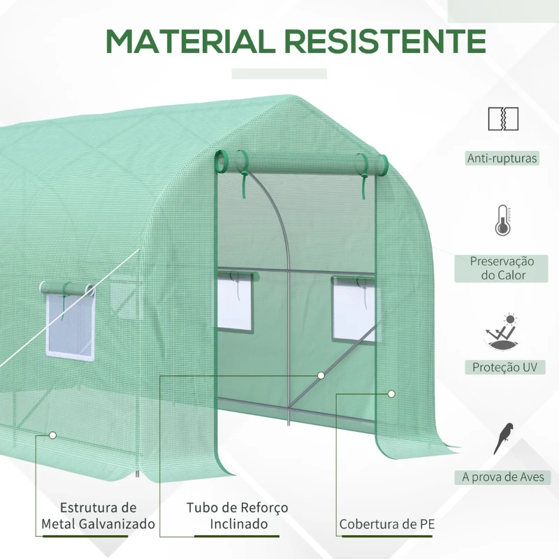 Outsunny Estufa Tipo Túnel 400x200x200cm Estufa de Jardim com 6 Janelas Transpiráveis e Portas Enrolável com Zíper para Cultivo de Plantas e Verduras Verde