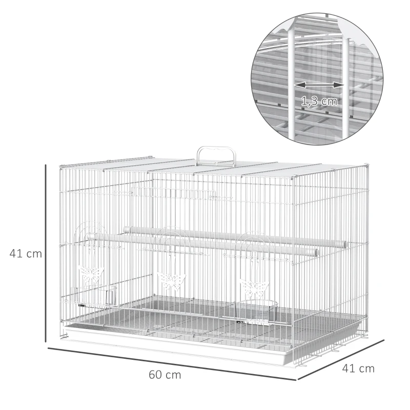 PawHut Gaiola para pássaros 60x41x41cm Aviário com 2 poleiros e 3 portas para pássaros pequenos Canários Papagaios de metal branco