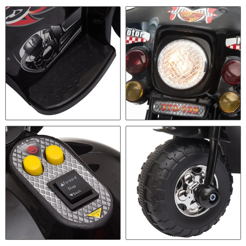 HOMCOM Mota Elétrica para Crianças de 18-36 Meses Motocicleta Infantil com 3 Rodas e Bateria 6V com Música Buzina Farol Baú 80x35x52cm Preto