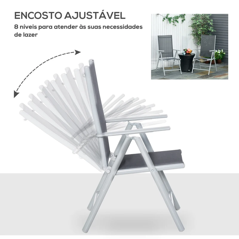 Outsunny Conjunto de 2 cadeiras dobráveis ​​de alumínio para jardim com encosto alto ajustável de 8 níveis e apoio de braços 65x55x107 cm cinza