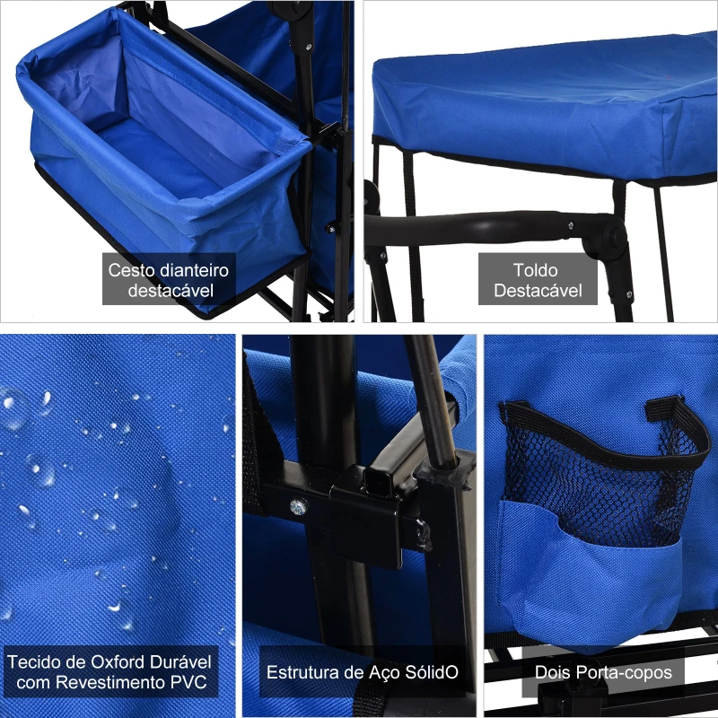 DURHAND Carrinho de praia dobrável com toldo Guiador telescópico 110x56x101cm Azul