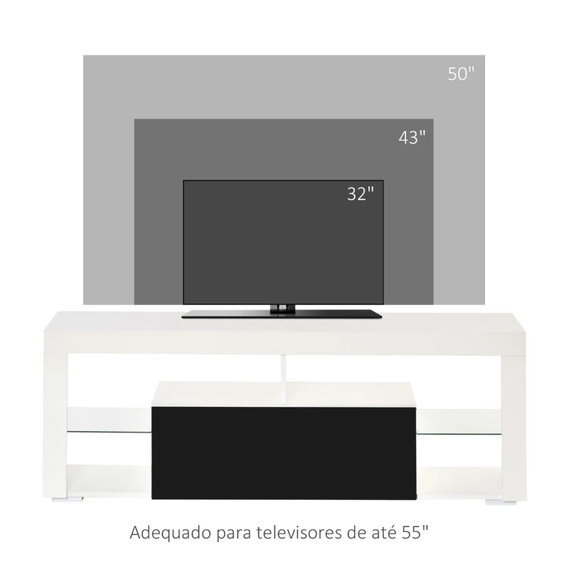 HOMCOM Móvel de TV para Sala de Estar com Iluminação LED 6 Modos de Cores Controle Remoto Gaveta e Prateleiras de Cristal Ajustáveis 140x35x52cm Preto e Branco Brilhante