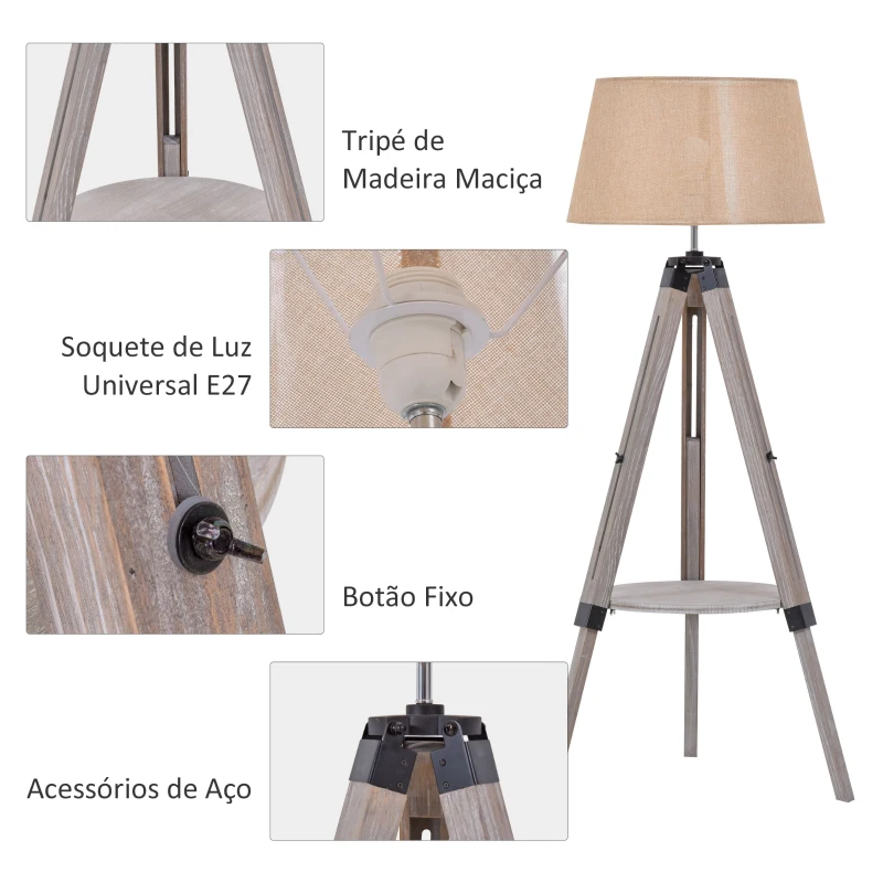 HOMCOM Lâmpada de assoalho com tripé com prateleira regulável em altura 63x63x110-150cm Bege