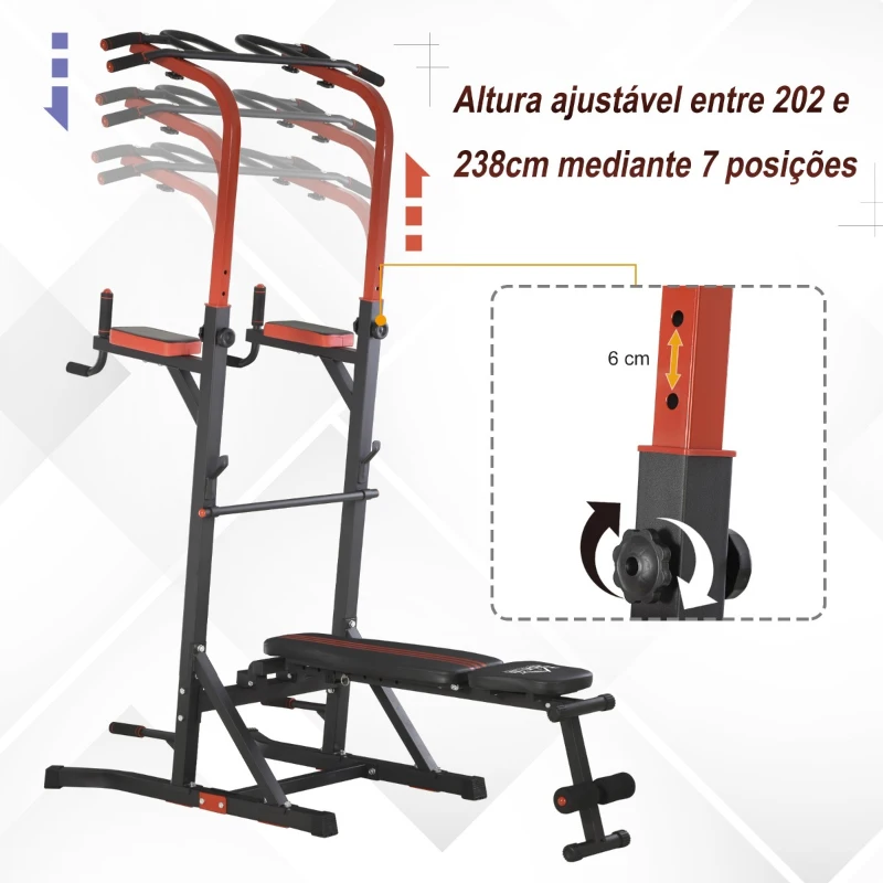 HOMCOM Estação de Musculação Torre de Treinamento com Altura Ajustável e Encosto Regulável em 7 Posições Barra de Elevação Flexões Aço 108x178x202-238cm Preto