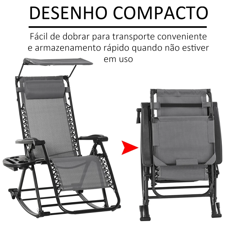 Outsunny Espreguiçadeira de balanço de jardim dobrável reclinável com toldo de proteção solar Estrutura de aço 120x67x102 cm Cinza