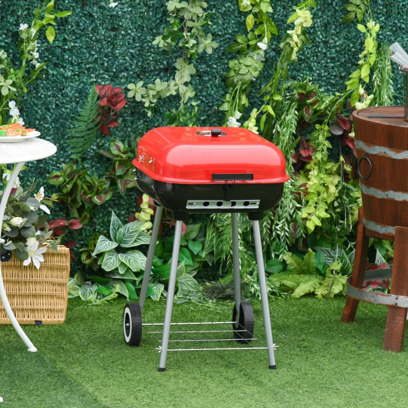 Outsunny Barbecue a Carvão com Rodas e Prateleira e Tampa para Jardim Exterior Campismo 46x52,5x76cm Vermelho e Preto