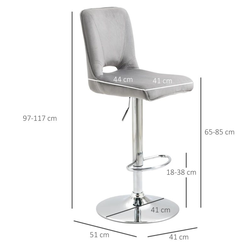 HOMCOM Conjunto de 2 Bancos de Bar Cadeiras Altas com Altura Ajustável e Giratórios com Estrutura de Metal e Apoio para os Pés 41x51x97-117cm Cinza