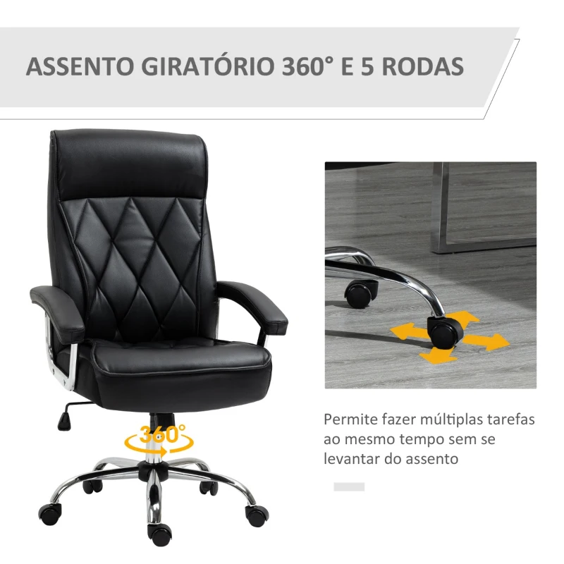 Vinsetto Cadeira de Escritório Ergonômica Giratória e Basculante com Altura Ajustável Encosto Alto e Apoio para a cabeça Acolchoado Pele Sintética 66x69x113-121cm Preto