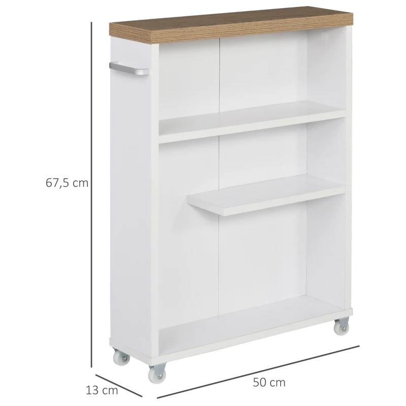 Kleankin Armário de casa de banho auxiliar Carrinho de armazenamento de 3 prateleiras com rodas e alça lateral 50x13x67,5 cm Branco