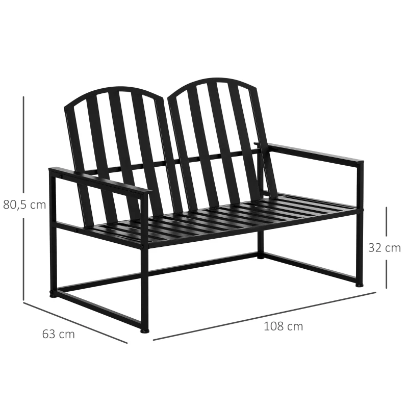 Outsunny Banco de jardim de metal de 2 lugares com encosto alto e apoios de braço para parque Pátio Terraço Estilo rústico máx. 220 kg 108x63x80,5 cm Preto