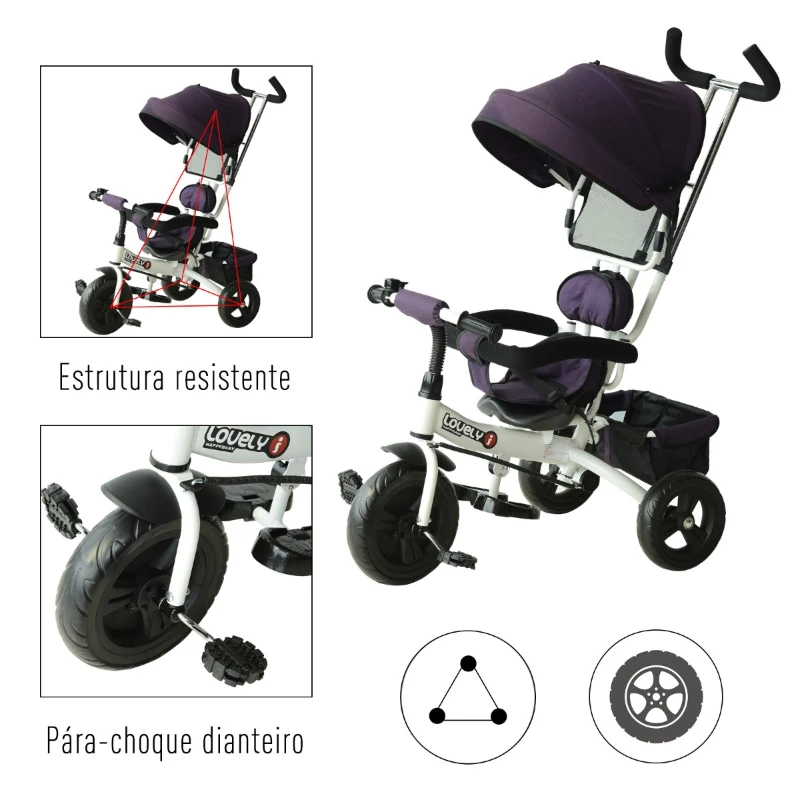 HOMCOM Triciclo para Crianças com Capota de Ferro, Plástico e Tela Cor Roxo e Branco 92x51x110 cm