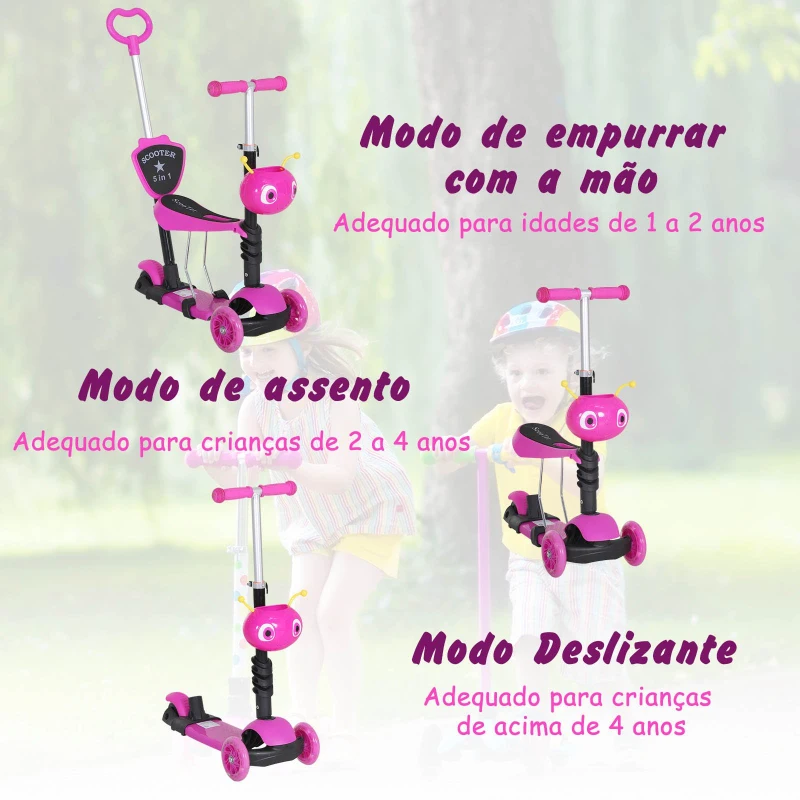 HOMCOM 5 em 1 trotinete para crianças de acima de 1 ano 3 rodas trotinete com assento removível guiador ajustável 62x25x72,5 cm Rosa