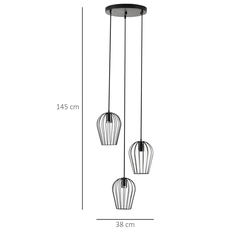 HOMCOM Candeeiro Suspenso Vintage Candeeiro de Teto de Estilo Industrial Candeeiro de Suspensão de Metal para Sala de Jantar Sala de Estar Ø38x145cm Preto