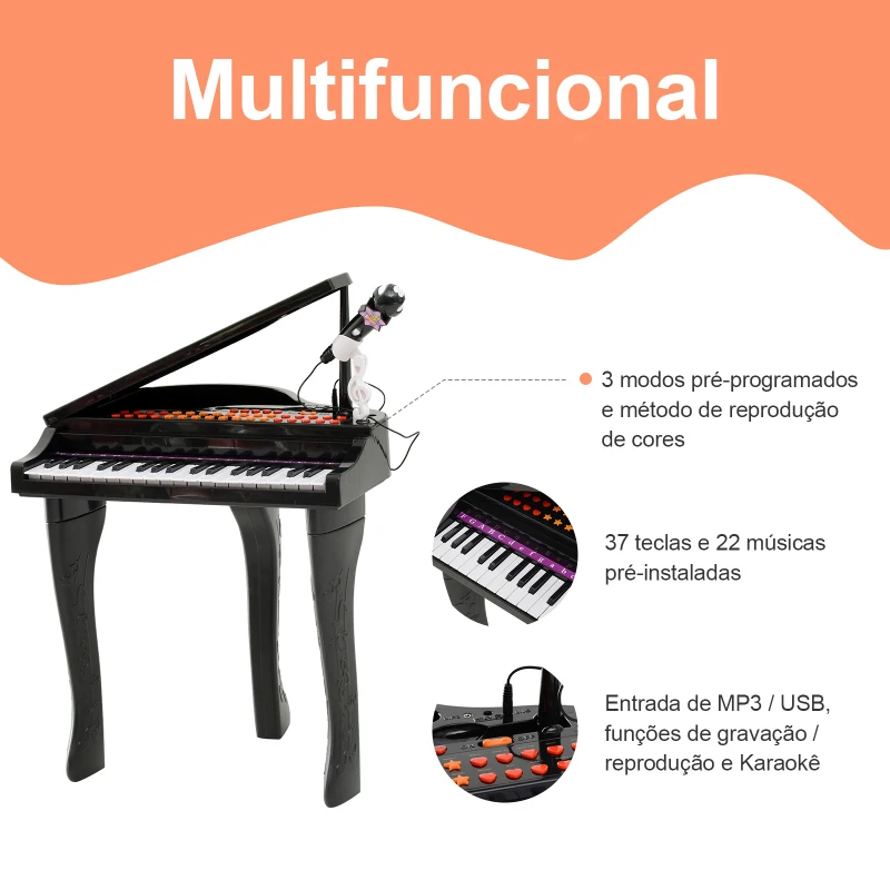 HOMCOM Piano para Crianças com 37 Teclas Microfone Banco Luzes 22 Músicas e Entrada para MP3 e USB 48x39x69 cm Preto