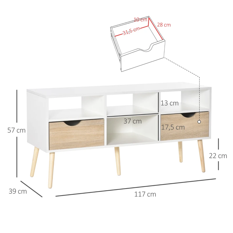 HOMCOM Móvel de TV com 2 Gavetas e 4 Compartimentos Pés de Madeira Dispositivo Anti Rolamento para Sala de Estar 117x39x57cm Branco e Madeira Natural