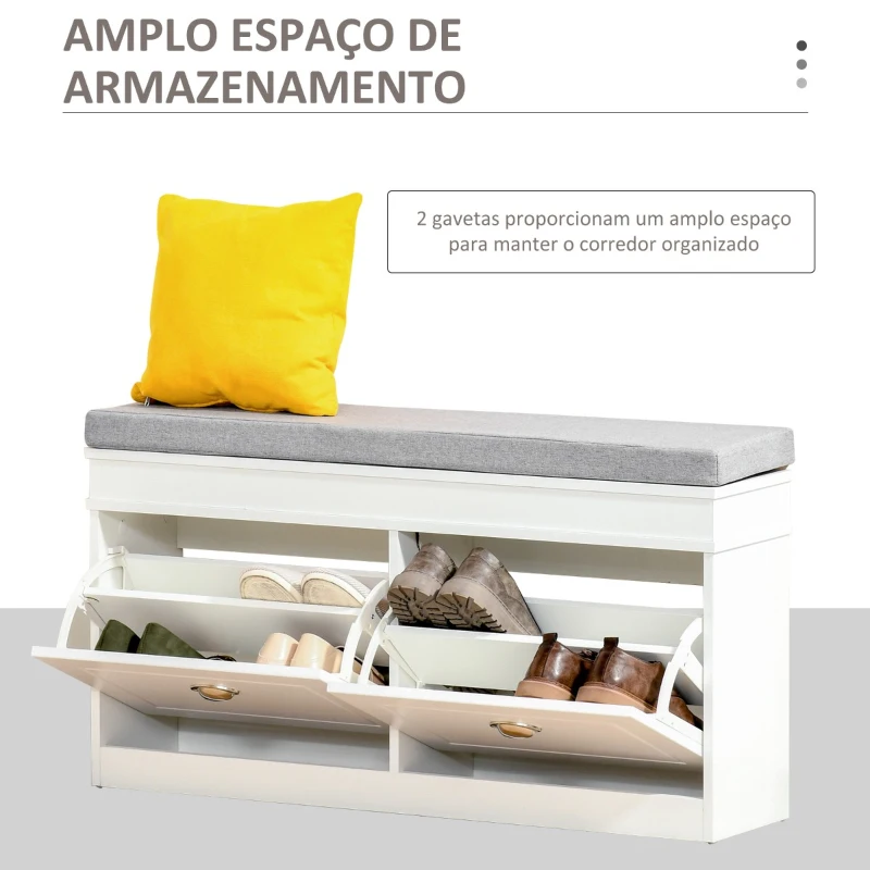 HOMCOM Banco Sapateira com Armazenamento para 8 Pares de Sapatos com 2 Gavetas Prateleiras Ajustáveis e Almofada 104x24x55cm Branco