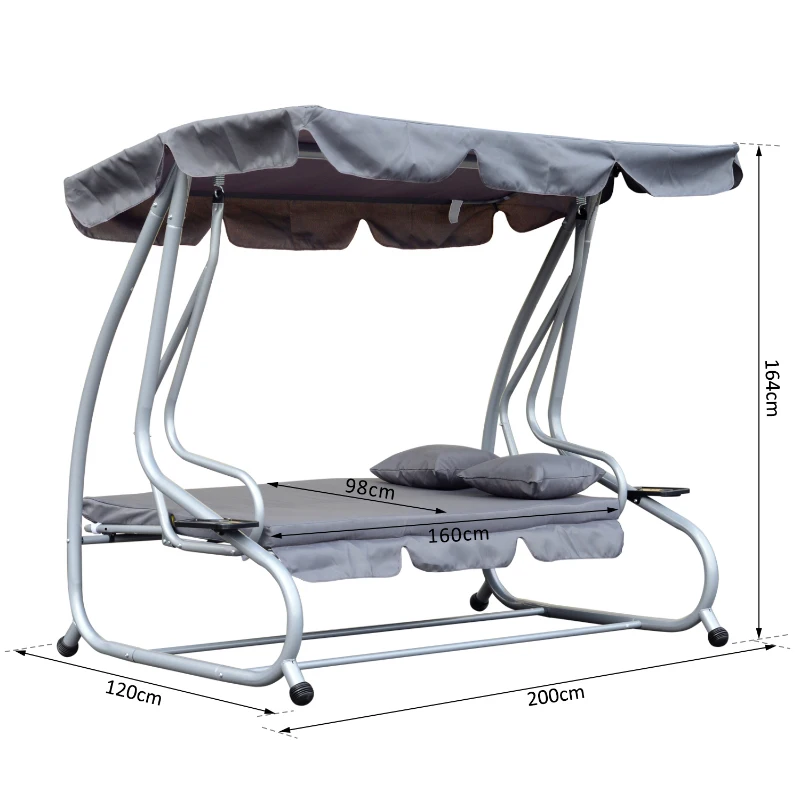 Outsunny Banco Baloiço Jardim 3 Lugares Convertível em Cama com Teto Ajustável e Bandeja para Bebidas 200x120x164 cm Cinza