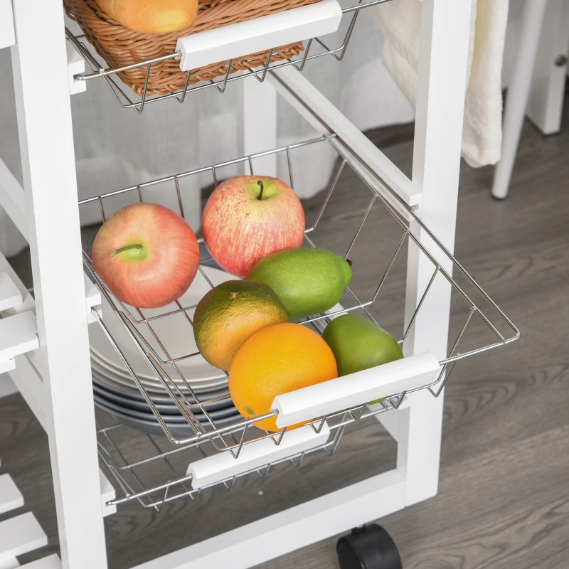 HOMCOM Carrinho de cozinha multifuncional com gavetas Cestas Prateleiras de especiarias Toalheiro Rodas 92x37x82 cm Branco