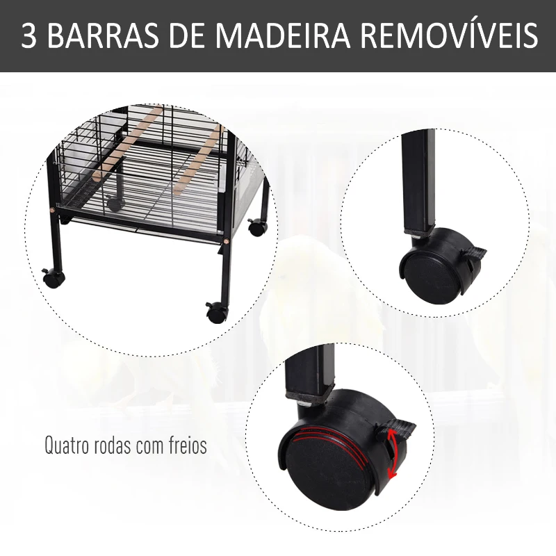 PawHut Gaiola para Pássaros com 3 Poleiros de Madeira Amovíveis Bandeja Comedouros e Rodas com Travão 54x54x151 cm Preto