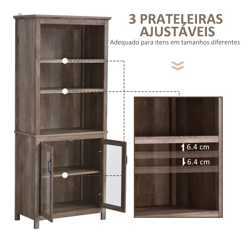 HOMCOM Armário de armazenamento com 3 prateleiras ajustéveis portas de vidro  madeira escura 76 x 40 x180 cm