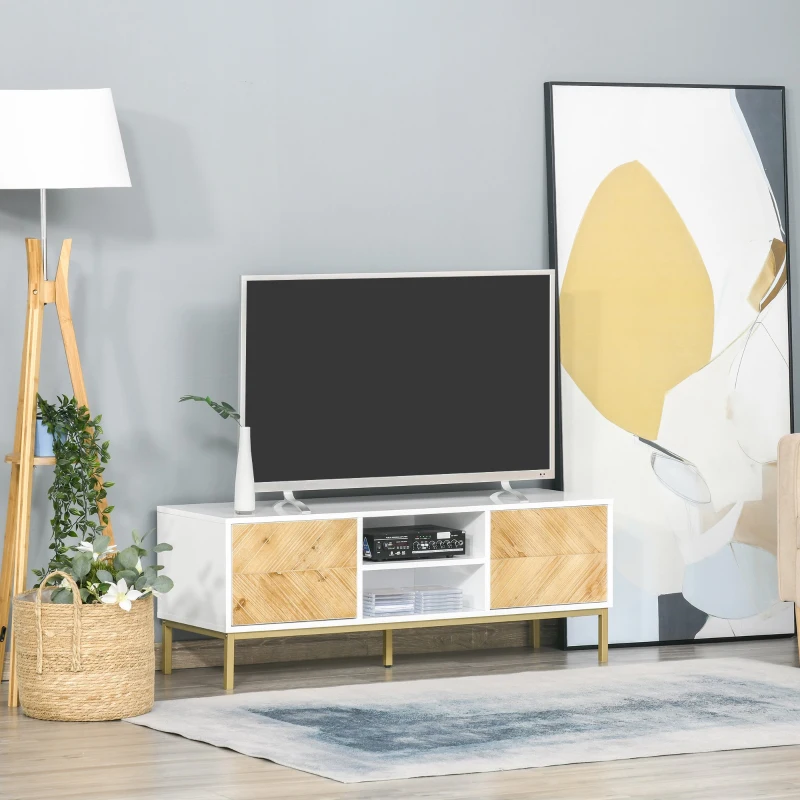 HOMCOM Móvel de TV Mesa da sala de estar para televisão de até 60 polegadas com prateleiras e armários com portas fechamento de pop-up 120x40x44,6 cm Branco e Madeira Natural