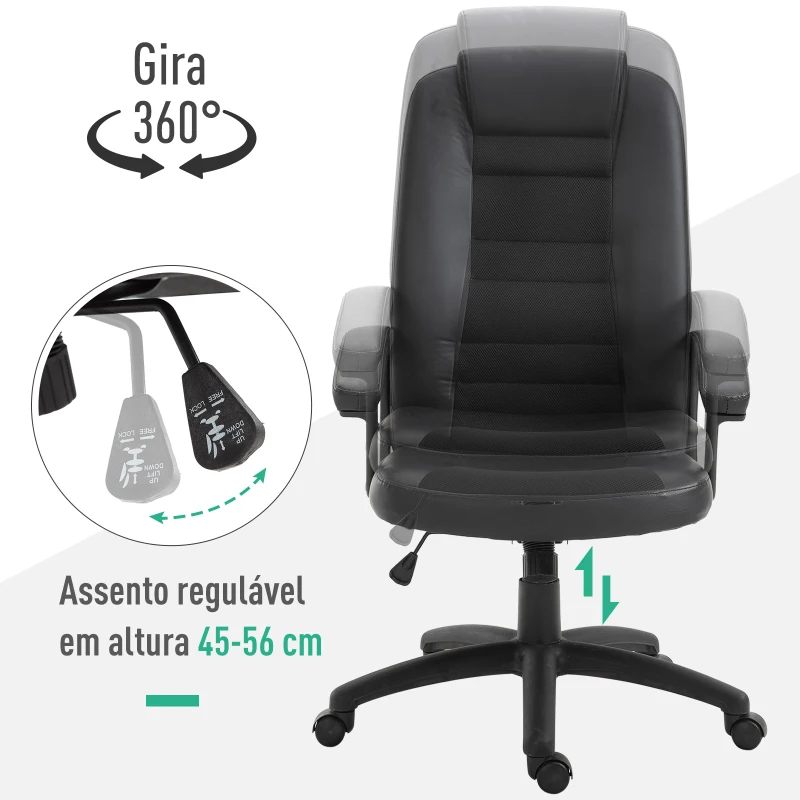 Vinsetto Cadeira de Escritório Giratória com Altura Ajustável Função Basculante Apoio para os Braços e Encosto Alto 64x65x113-123 cm Preto