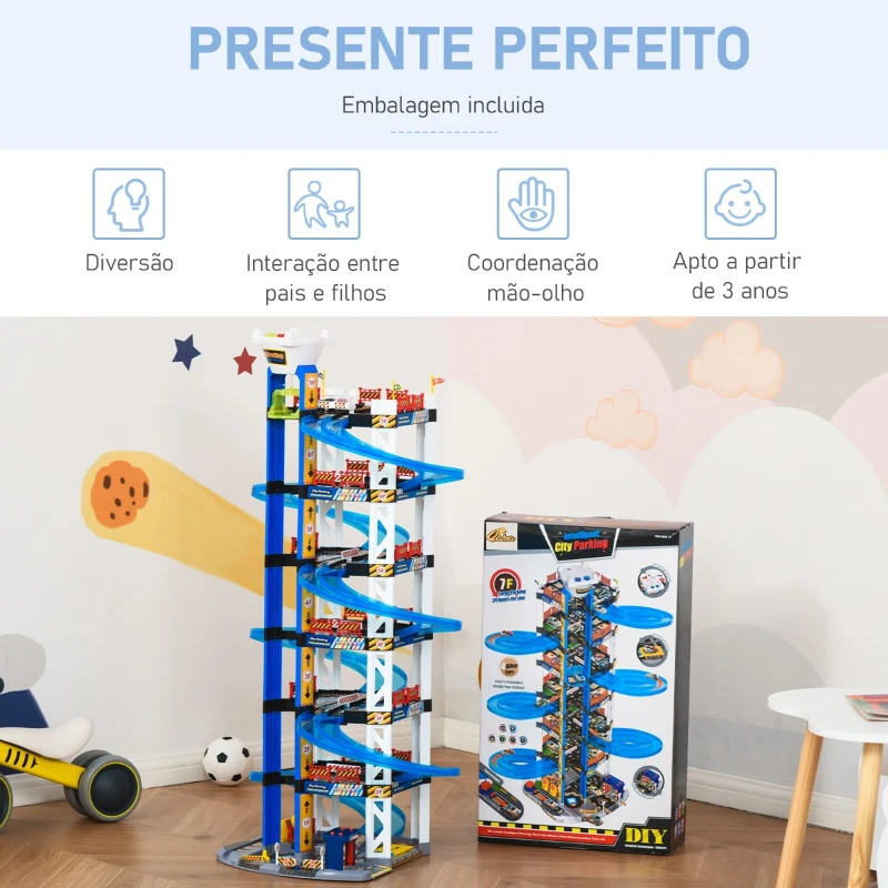 HOMCOM Estacionamento Infantil de 7 Andares Garagem de Brinquedo Inclui Elevador Elétrico com Luz e Sons Dupla Pista e 4 Carros de Corrida para acima de 3 Anos 64x59x113cm Azul e Branco