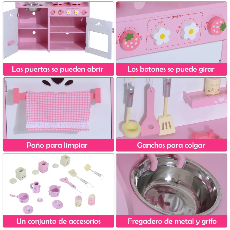 HomCom Cozinha de Brincar de Madeira para Crianças +3 Anos com Acessórios Multicor - 60x30x62cm