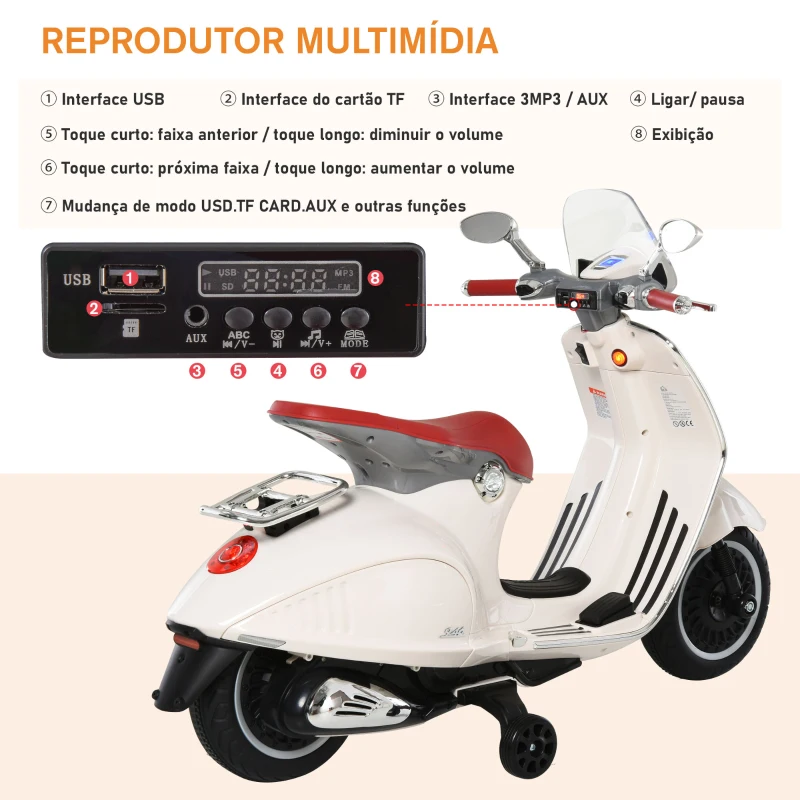 HOMCOM Mota Elétrica Vespa com Faróis Música 2 Rodas Auxiliares para Crianças acima de 3 Anos 108x49x75 cm Branco