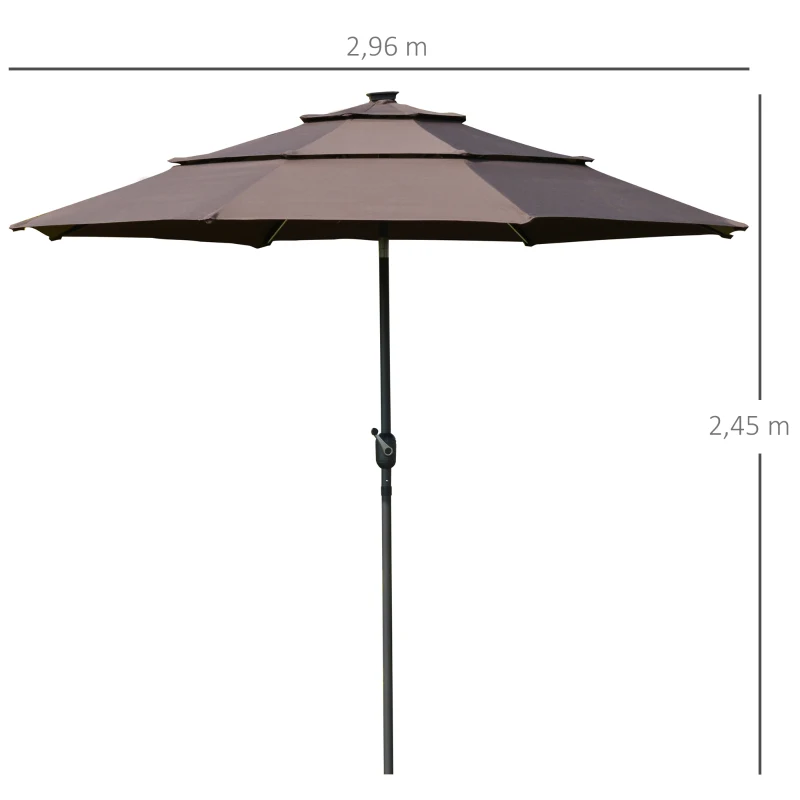 Outsunny Chapéu de Sol Φ296x245cm com Luzes LED e Painel Solar Ângulo Ajustável em 3 Posições para Pátio Terraço Piscina Café