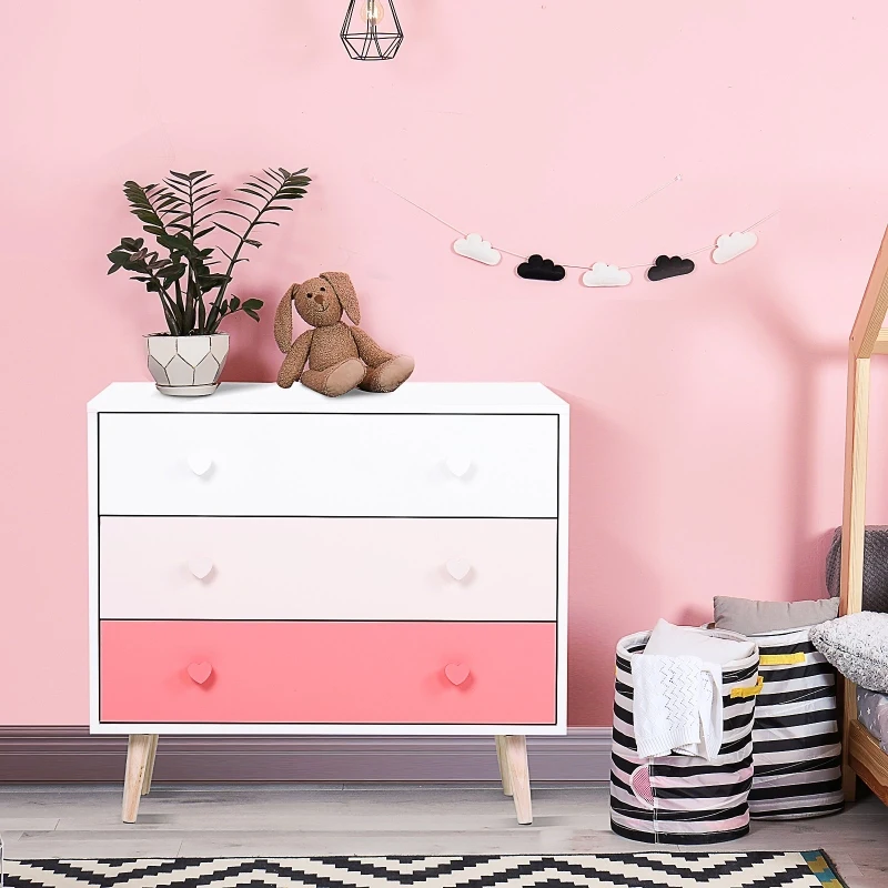 HOMCOM Cómoda infantil com 3 gavetas Cómoda com pernas para roupas ou brinquedos cor Rosa
