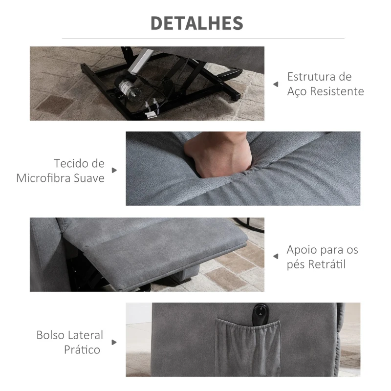 HOMCOM Poltrona Relax Função de Elevação e Reclinação Extra Acolchoado com Controle Remoto apoio para os pés 77x93x110cm Cinza