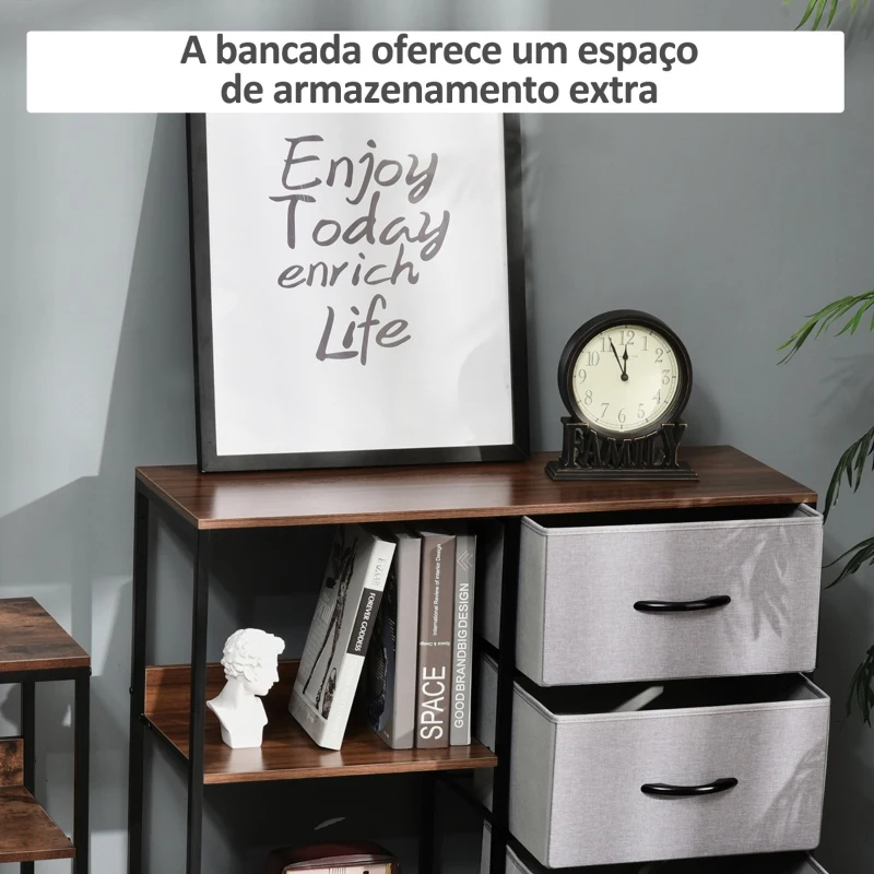 HOMCOM Cómoda de Estilo Industrial com Cestos de Tela Dobráveis e 2 Prateleiras para Dormitório Sala de Estar Corredor 80x29x71cm Nogueira e Cinza Claro