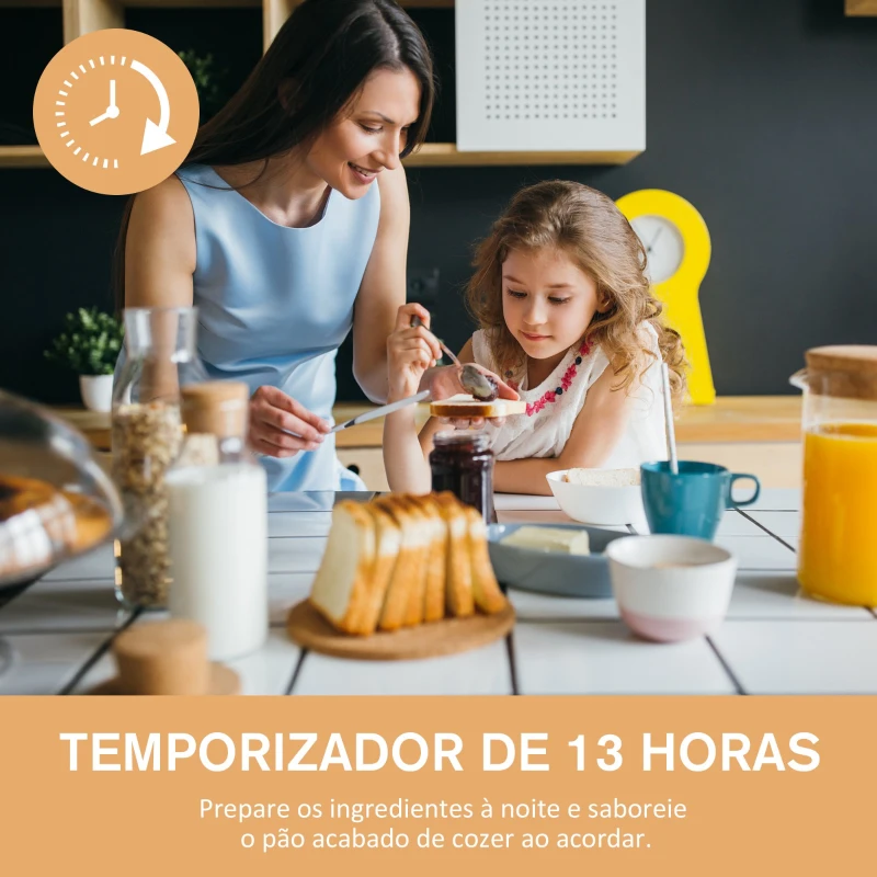 HOMCOM Máquina de Pão Automática com 11 Programas para Pães e Doces com Tela de LCD Temporizador programável de 13 horas em Aço Inoxidável  29,6x23,3x29,2 cm Branco