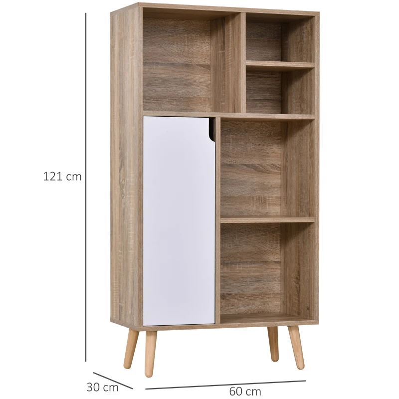 HOMCOM Móvel Aparador Alto Armário Auxiliar de Sala de Estar com 5 Compartimentos e 1 Porta Multiuso para Sala de Jantar Cozinha Dormitório 60x30x121cm Carvalho e Branco