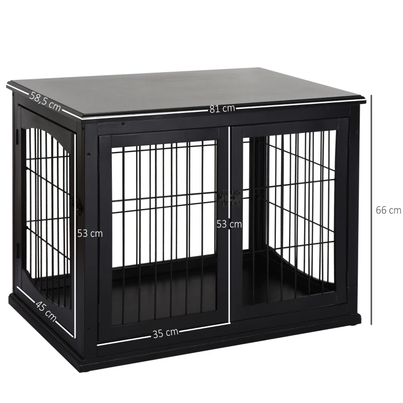 PawHut Gaiola para Cães de Madeira com Superfície de Mesa 2 Portas e Grades de Metal 81x58,5x66cm Preto