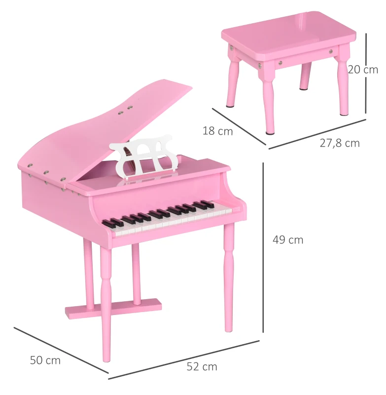 HOMCOM Piano de Cauda Infantil com 30 Teclas Banco Suporte de Partituras Piano para Crianças de MDF Instrumento Musical Educativo 52x50x49cm Rosa
