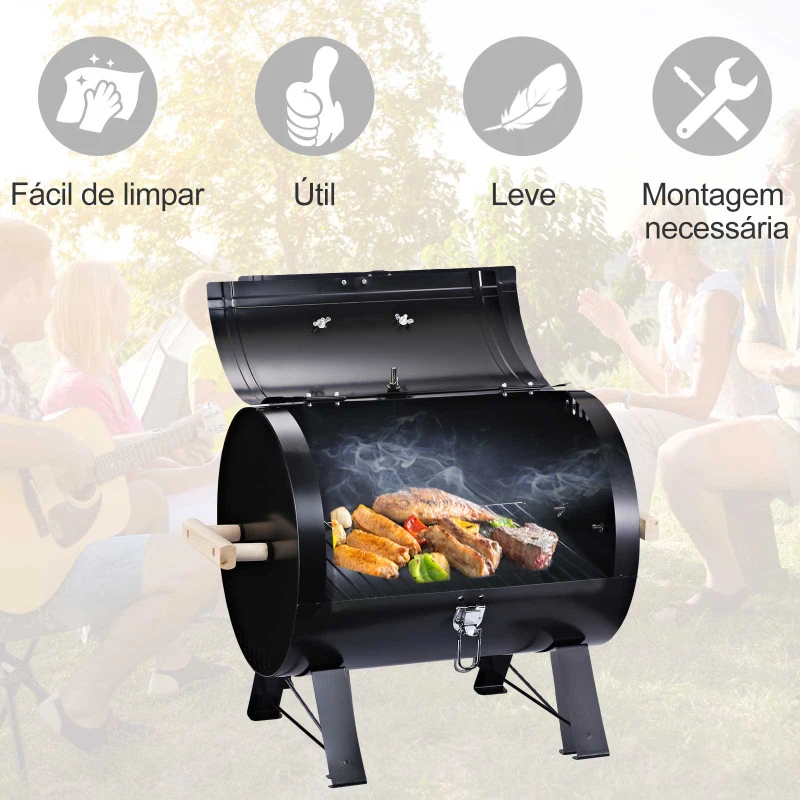 Outsunny Barbecue a Carvão de Mesa Compacta com Termômetro e Alças para Jardim Exterior Campismo 50x35x39 cm Preto