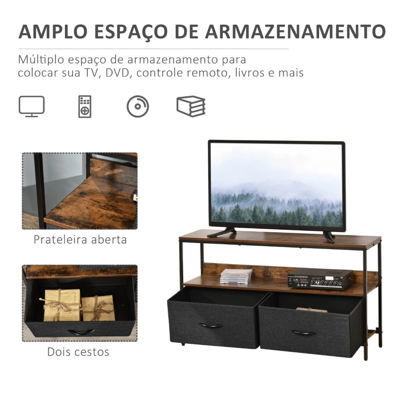 HOMCOM Móvel de TV até 47” Móvel de TV Industrial com Prateleira e 2 Cestos de Tecido Dobráveis para Sala de Estar Dormitório Estrutura de Metal 98x29x56cm Marrom Rústico e Preto