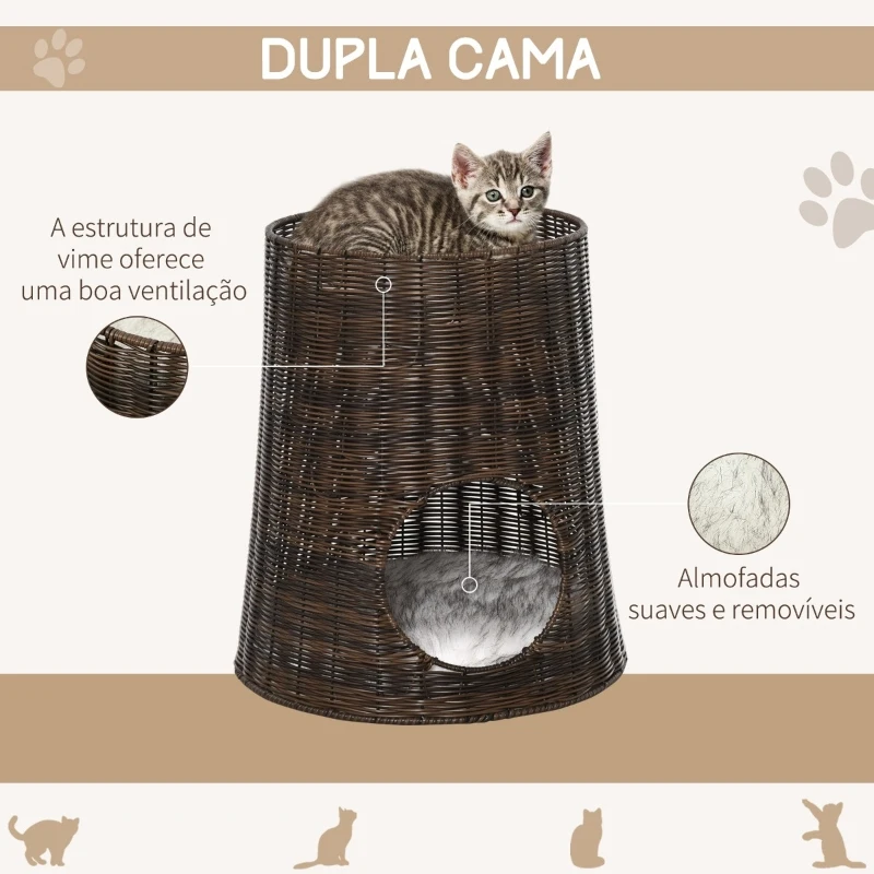 PawHut Cesta de Vime para Gatos Cama Caverna de 2 Níveis com Almofadas Laváveis Ø45x50cm Marrom