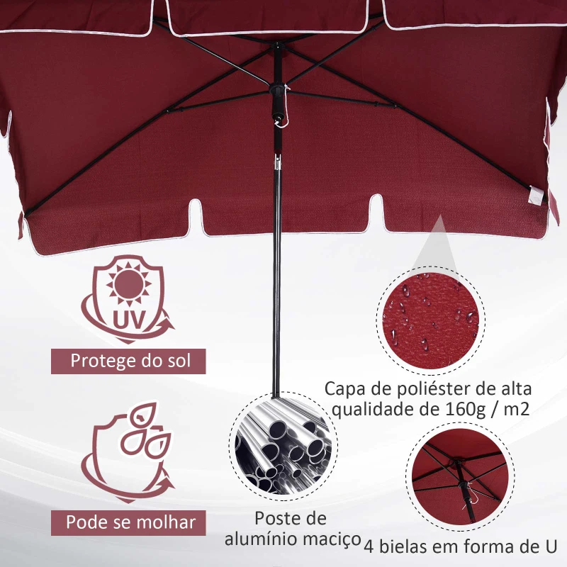 Outsunny Chapéu de Sol Retangular de Jardim 198x130x240cm Chapéu de Sol de Alumínio com Função de Inclinação para Terraço Pátio Exterior Vinho