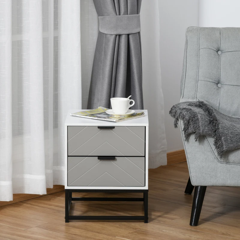 HOMCOM Mesa de cabeceira com 2 gavetas e base elevada de metal Estilo moderno e minimalista 39,5x40x48 cm Branco e cinza