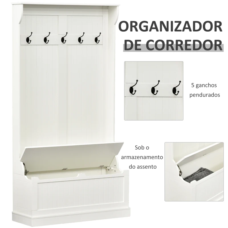HOMCOM Móvel Cabide de Entrada com Banco Armário de Entrada com Cabide 5 Ganchos e Espaço de Armazenamento 96x34x179,7cm Marfim