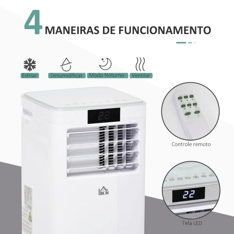 HOMCOM Ar Condicionador Portátil 4 em 1 Ventoinha Refrigerador e Desumidificador 2 Velocidades com Ecrã LED Controlo Remoto Silencioso 900W 38x35x70,5 cm Branco
