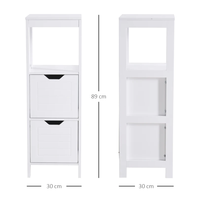 Kleankin Armário de banheiro com prateleira aberta 2 gavetas 30x30x89 cm Branco