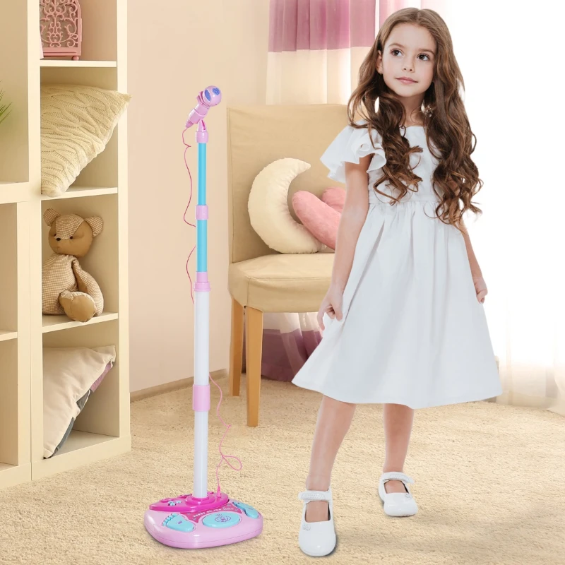 HomCom Microfone Infantil com Pé Karaoke Máquina de alta voze Altura ajustável com Conector de MP3 Luzes Sons