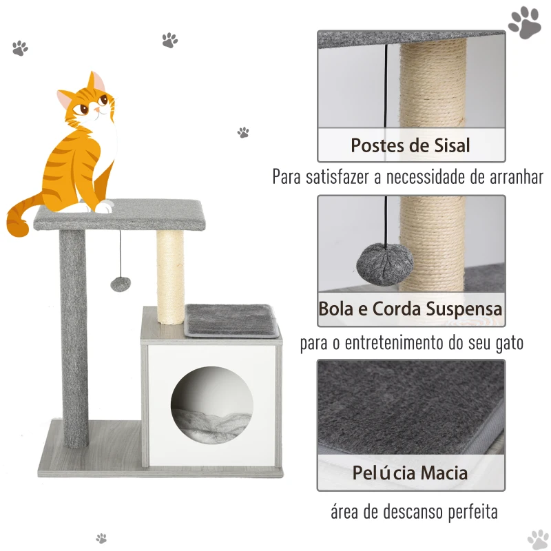 PawHut Arranhador para Gatos 59x39x62 cm de 3 Níveis com Poste de Arranhar Caverna Almofadas Amovíveis e Bolsa de Brinquedo Cinza