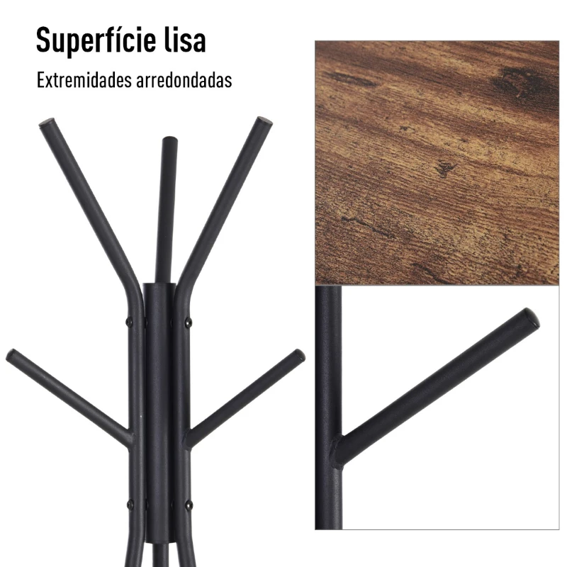 HOMCOM Cabide de Pé Metálico com 6 Ganchos e Prateleiras Cabide de Pé para Pendurar Roupas Bolsas Chapéus 46x52x182 cm Preto e Madeira